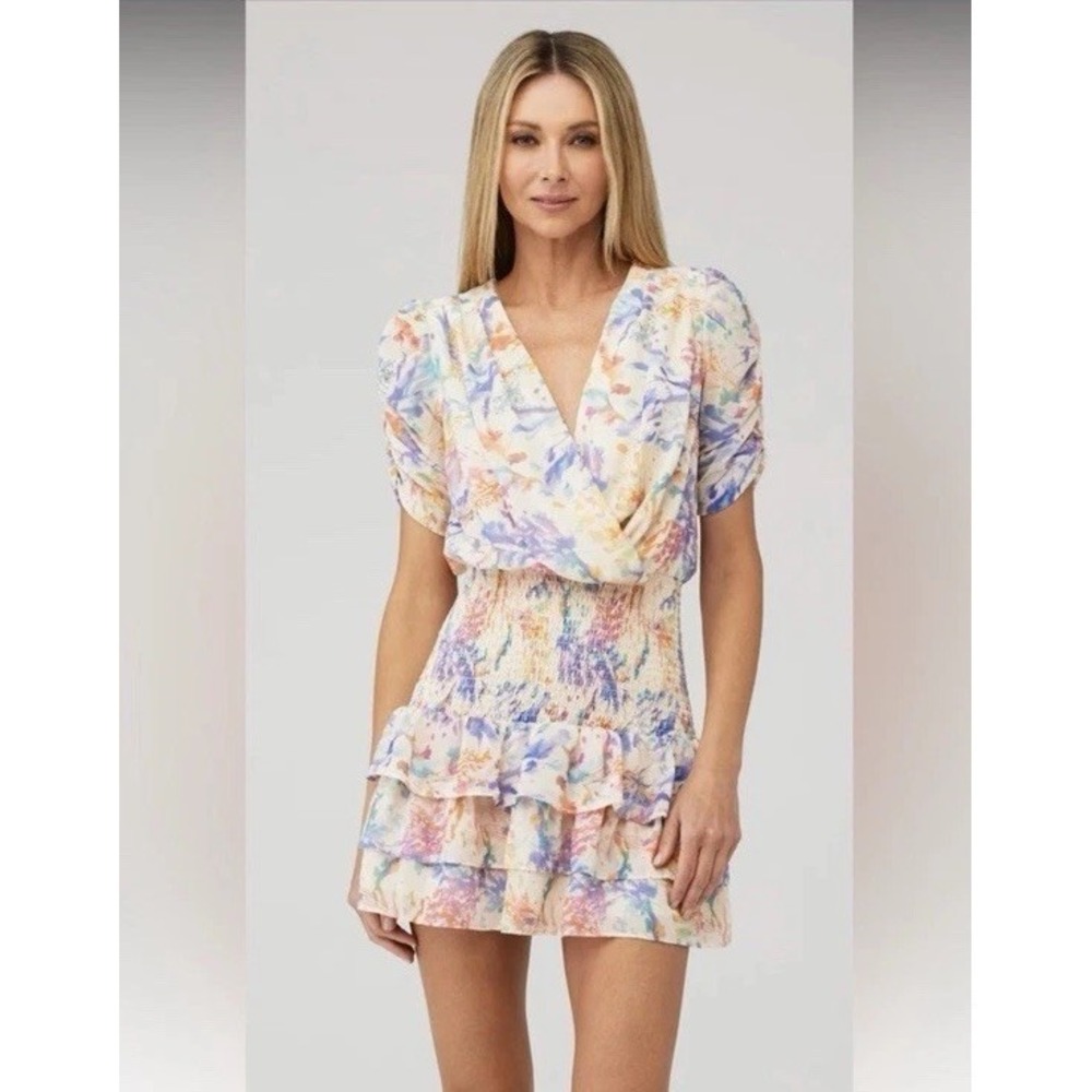 Amanda Uprichard Women's Multicolor Nala Floral Ruffle Mini Smocked Dress Size M